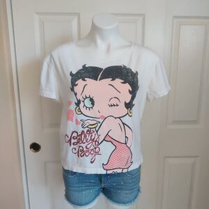 Betty Boop blowing kisses glitter letter crop tee sz L